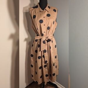 Who What Wear Tan and Black Polka Dot Midi Dress